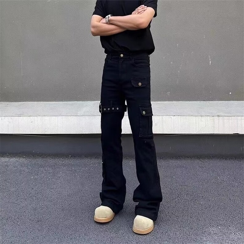 vibe白色绑带微喇工装牛仔男cleanfit美式高街修身弹力长裤图片