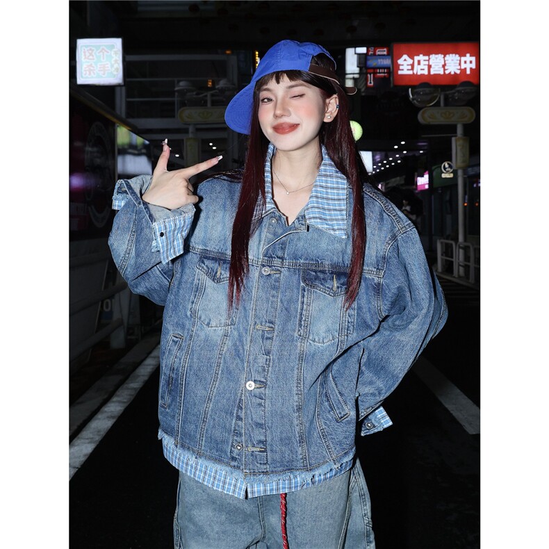 小众设计感格子拼接牛仔外套男女美式潮牌休闲情侣假两件夹克,男装工装外套,星座506A