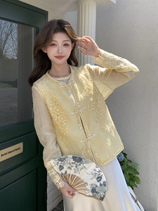 高端亚麻提花刺绣国风马甲女2025春夏新款高级感气质上衣钉珠衬衫图片