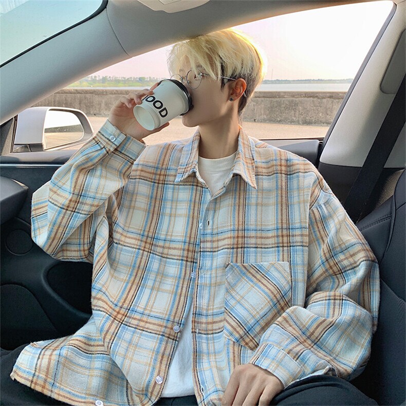 衬衫男春季新款港风宽松磨毛格子长袖衬衣CS602-特P28无差价，男装衬衫，星座214-3