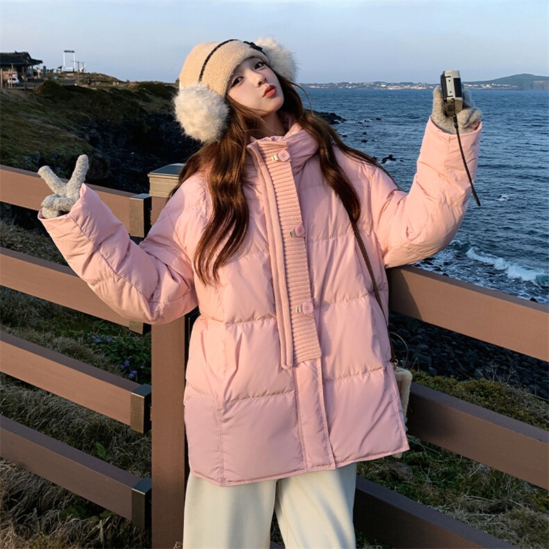 韩系针织拼接粉色连帽羽绒服女冬新款超火好看高级感保暖加厚外套,女装羽绒服,2C108
