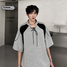 穿绳立领夏季高克重短袖拼接撞色Polo衫设计感个性T恤943P52，男装T恤，电商A458A