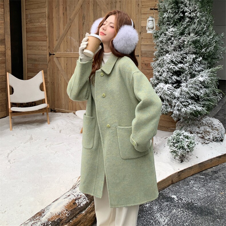绿色时尚超好看双面呢羊毛大衣女2025冬季新款学院风爆款毛呢外套,女装羊绒大衣,2D012