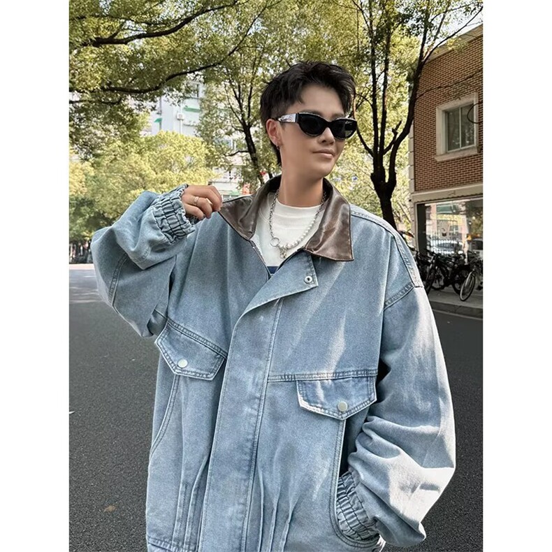 美式复古水洗牛仔翻领外套男春秋潮牌cleanfit短款痞帅工装夹克,男装工装外套,四季星座505