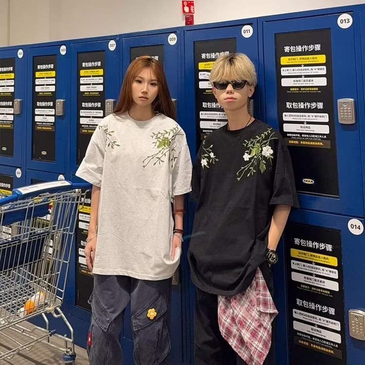 重磅潮牌字母刺绣花卉短袖T恤男女2025年新款美式高街上衣,男装T恤,星座1210-1