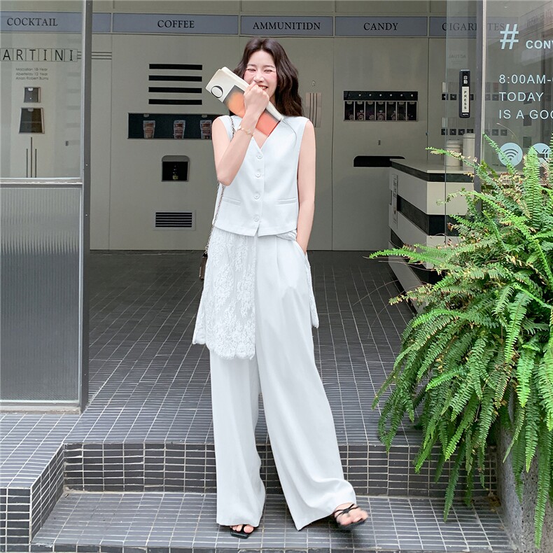 轻熟风气质套装女2026夏季拼蕾丝西装马甲显瘦阔腿裤两件套,女装套装/套裙,冬木谷雨