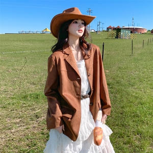 美拉德复古麂皮绒西装外套女2025春秋季新款气质小个子休闲小西服图片