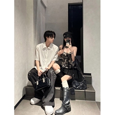 港风复古短袖衬衫男女夏季休闲别致正肩上衣小众设计感POLO领衬衣，男装衬衫，星座506A