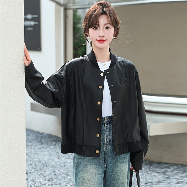 黑色皮衣夹克女2024春秋新款休闲港风复古高级感小个子棒球服外套,女装皮衣,美拉德工厂直营店