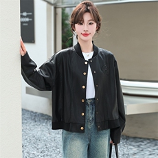 黑色皮衣夹克女2024春秋新款休闲港风复古高级感小个子棒球服外套，女装皮衣，美拉德工厂直营店