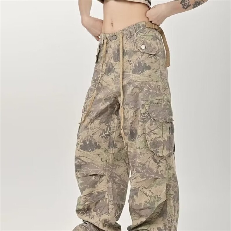 迷彩工装裤女抽绳休闲裤夏季设计感宽松长裤子慵懒风潮AM312P61，男装工装外套，星座1013-5