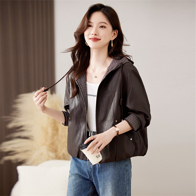 宽松洋气短款皮衣外套女2025秋新款高级感小个子连帽pu皮夹克，女装皮衣，仁梯