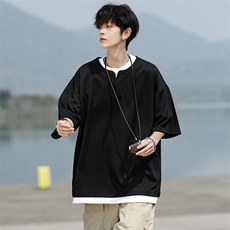 8XL-M重磅斜纹假两件短袖t恤男夏季薄款宽松大码半袖体恤DT006P45，男装T恤，电商B312