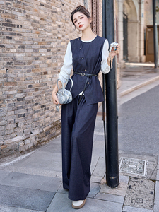 老钱风气质时髦马甲套装女2025秋季新款休闲长袖t恤阔腿裤三件套图片