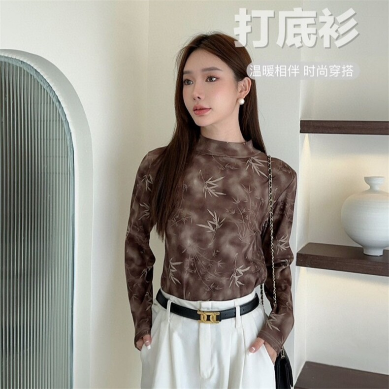 印花长袖打底衫2024秋冬季半高领套头打底衫显瘦T恤复古风上衣女,女装T恤,君汇