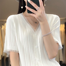 蕾丝开衫短袖t恤女夏季2025新款打底衫洋气女装冰丝针织上衣，女装针织衫/毛衣，思牵羊绒