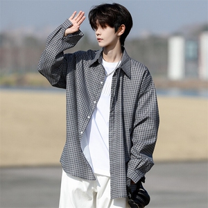 wassup happy格子长袖衬衫男春秋季复古宽松上衣服青少年休闲外套图片