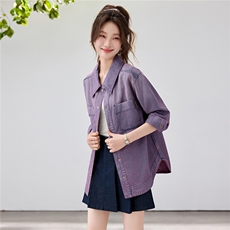 2026春季新款紫色渐变牛仔衬衫女设计感小众纯棉上衣休闲宽松外套，女装衬衫，艾米