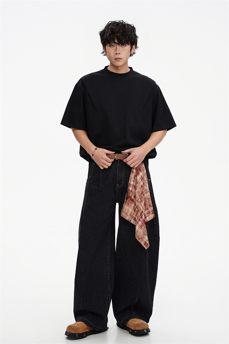 国风刺绣拼接短袖T恤男夏季潮牌设计感美式复古宽松情侣半袖体恤,男装T恤,电商A003
