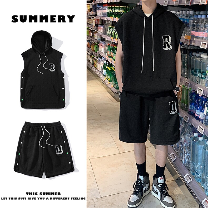 夏上新无袖T恤时尚套装提花背心短裤两件套男女8028-P90控价118，男装背心/马甲，电商A441-1