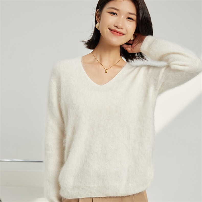 秋冬季羊绒休闲百搭时尚拉绒一线三平V领羊绒衫，女装羊绒衫，英集羊绒