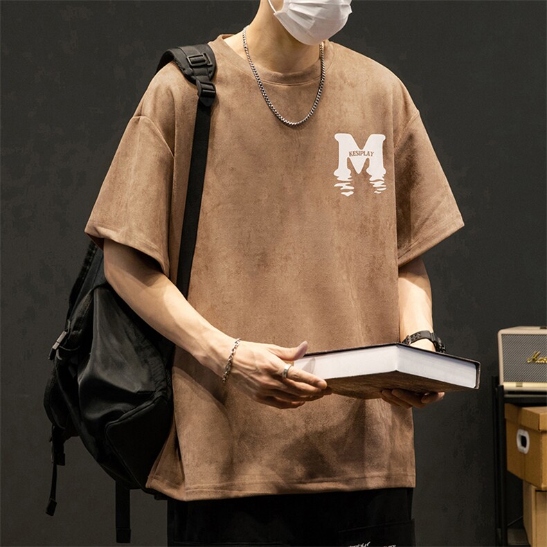 麂皮短袖T恤XT3062-TP35控价48夏季字母印花宽松百搭潮牌学生上衣,男装T恤,电商A102