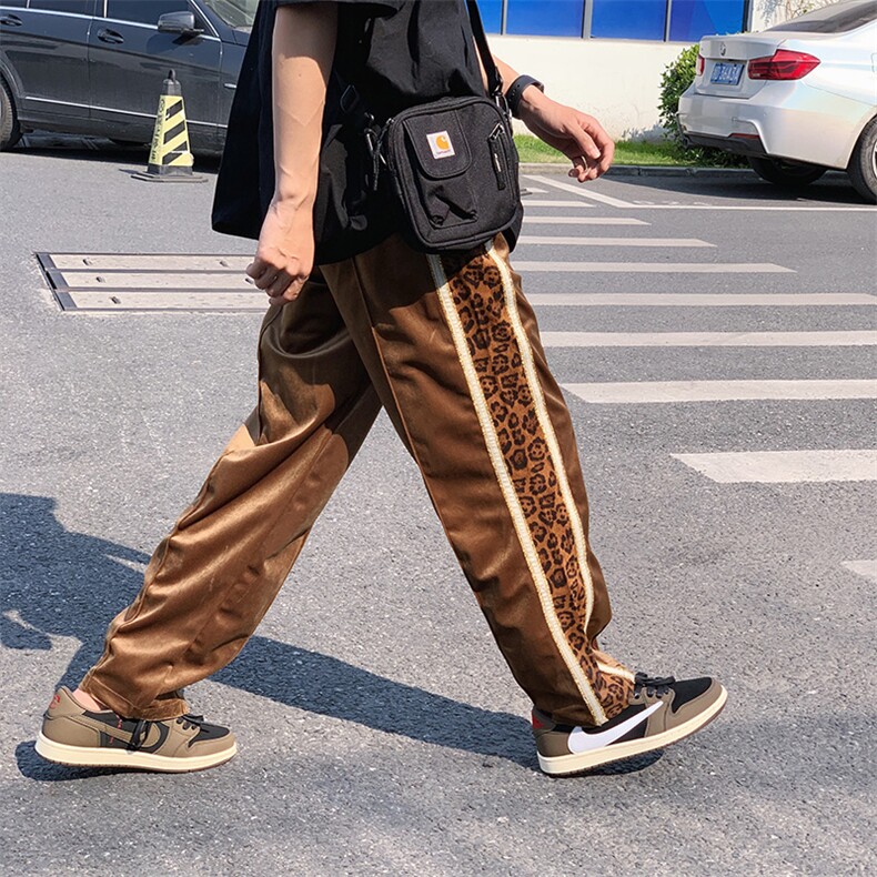 秋季新品拼接豹纹织带休闲宽松直筒银丝丝绒阔腿裤ck52-p68,男装休闲裤,电商B288