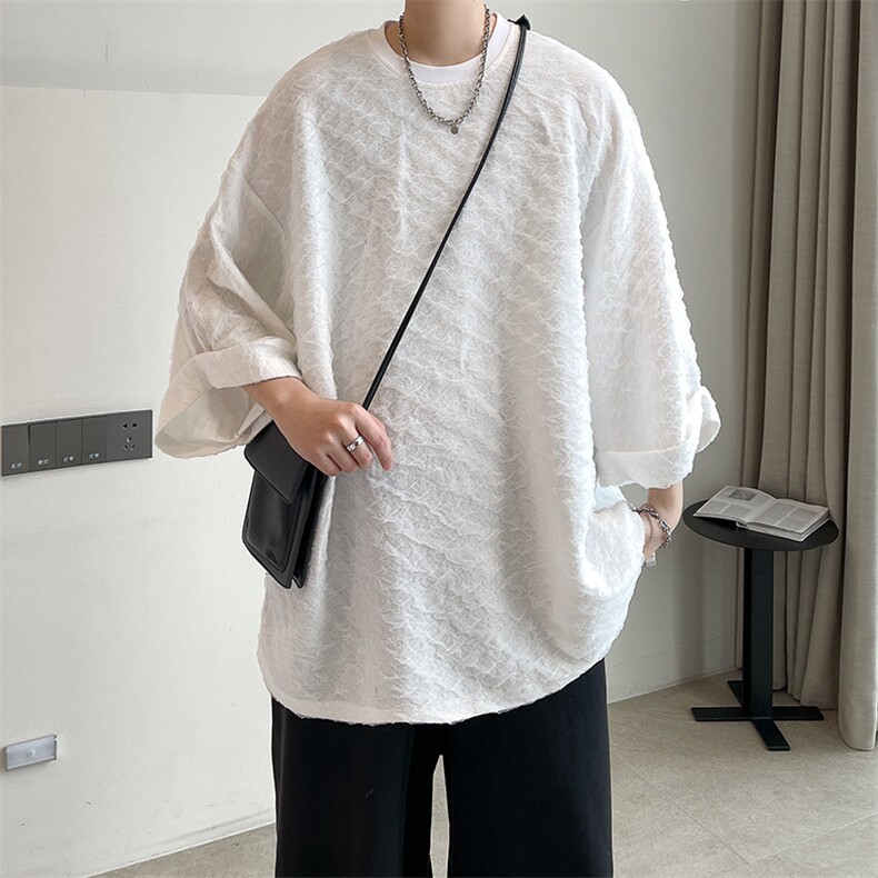 夏季短袖冰丝皱感透气T恤男潮垂感宽松半袖上衣A071-5523-P35，男装T恤，电商A071