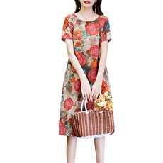 棉麻连衣裙夏季2025新款衣服大码女装高端精致气质碎花宽松裙子，女装连衣裙，倪叶myz