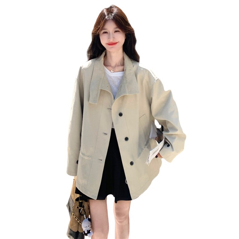 韩系2025秋季新款宽松休闲百搭显瘦立领单排扣收腰长袖外套女，女装风衣，2C159
