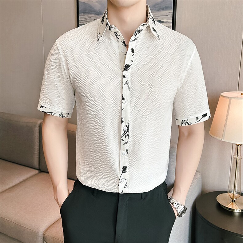 817-P38拼色泡泡格夏季新款男士短袖衬衫潮流时尚短袖潮男衬衣,男装T恤,星座507A（原星座306B-2）