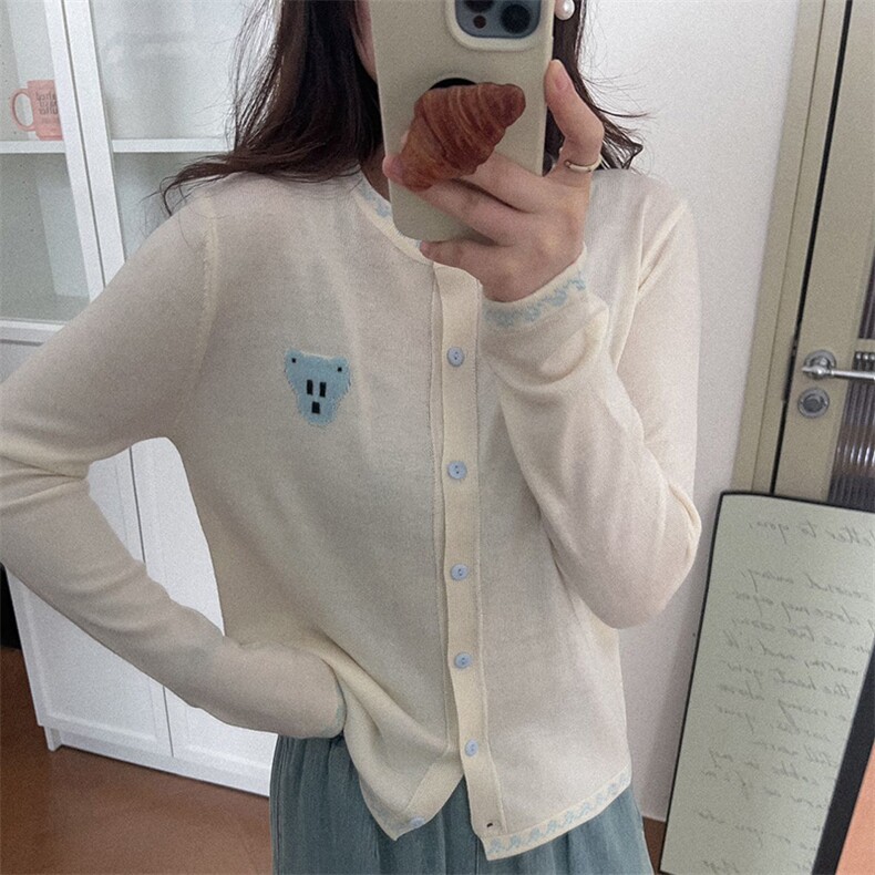 羊范设计感十足~春季新款精纺羊毛针织开衫女士圆领小熊提花外套,针织衫/毛衣,佰米娇羊绒