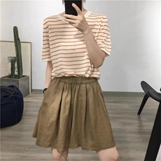 条纹冰丝针织衫短袖女2025夏季宽松圆领学生薄款正肩打底T恤上衣，女装T恤，鑫之绒
