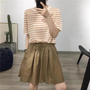 条纹冰丝针织衫短袖女2025夏季宽松圆领学生薄款正肩打底T恤上衣图片