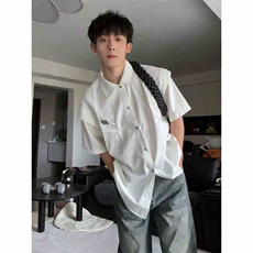 网图现货美式宽松设计感褶皱短袖衬衫男C58/P35，男装T恤，星座205-3