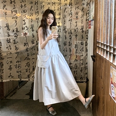 现货2025夏装新款休闲韩系学院风无袖连衣裙，女装连衣裙，1C071-1
