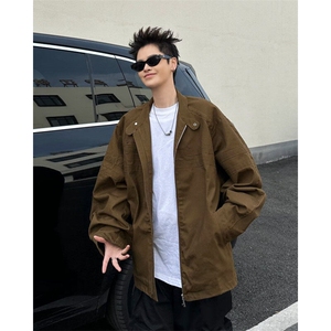 复古重磅水洗帆布垫肩外套男装潮流ins宽松廓形夹克上衣W9350/P96图片