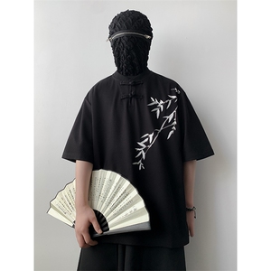 F262-P38 夏季新中式盘扣短袖T恤男小众设计感复古风半袖 现货图片