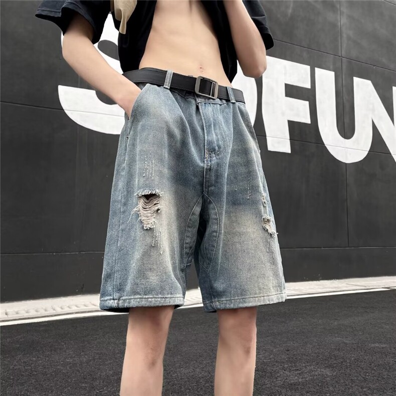 破洞牛仔短裤男港风复古痞帅休闲裤宽松腿五分裤子1001-1B910-P35,男装牛仔裤,星座1001-1