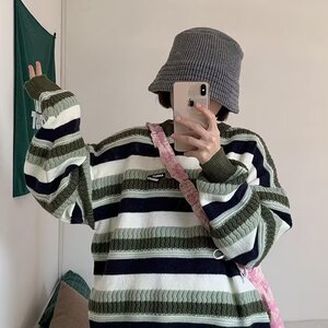 条纹复古小众圆领套头针织衫毛衣女2025春秋宽松上衣外套潮SW722图片