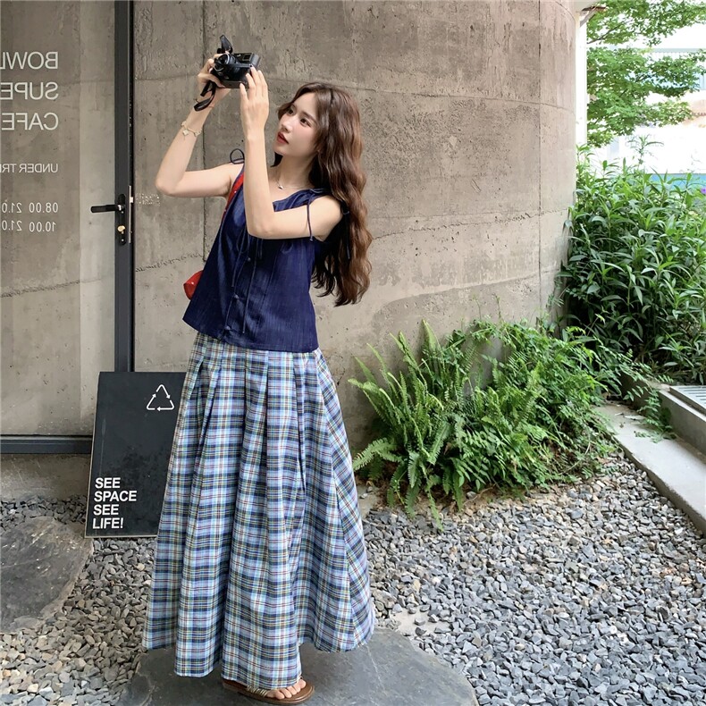 韩系休闲套装女夏2025新款V领衬衫格纹半身裙两件套减龄文艺穿搭,女装套装/套裙,2D045