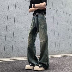 山小川潮牌破洞牛仔裤男美式高街设计感小众做旧水洗宽松直筒长裤图片