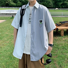 XCS222-特P29控58高品质全棉冰丝条纹短袖衬衫港风撞色衬衣，男装衬衫，电商B370