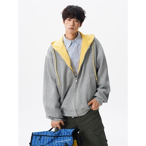 8XL-M秋连帽卫衣男宽松休闲纯色拉链开衫外套拼色帽衫运动WY27P65图片