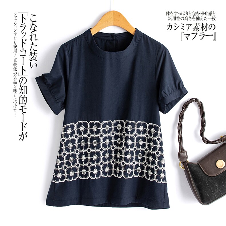 休闲刺绣女2025年夏季新款高级感短袖遮肚子衬衫阔腿裤，女装衬衫，水衣源