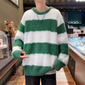 秋冬季毛茸茸圆领毛衣男美式复古情侣百搭保暖条纹针织衫1020 P56图片