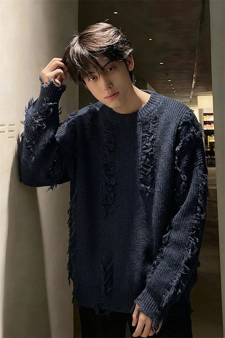 网图潮流破洞流苏毛衣宽松慵懒风设计感针织衫HY832TP55控89,男装针织衫/毛衣,电商A102B