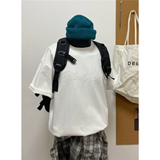 三本针260G高品质珍珠字母圆领短袖T恤中性港风假模G1200-P35黑，男装T恤，电商C310