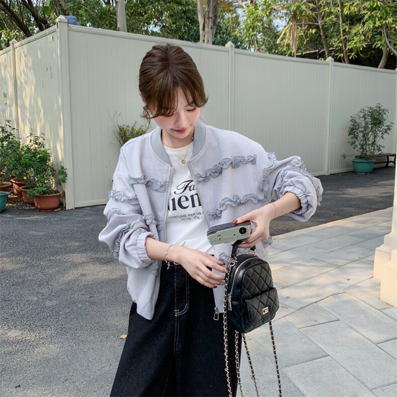 设计感花边棒球服外套女2025春季新款洋气减龄宽松小个子短款上衣,女装短外套,浙宝103（原192）