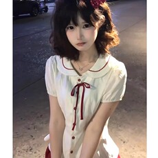学院风显瘦套装裙女夏季2025新款娃娃领短袖衬衫+百褶短裙两件套，男装T恤，星座506A
